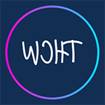 “以人为本”工作间标志-深蓝色背景，中间以白色大写字母“THCW”, 用粉色和蓝色渐变的圆圈勾勒出字母的轮廓